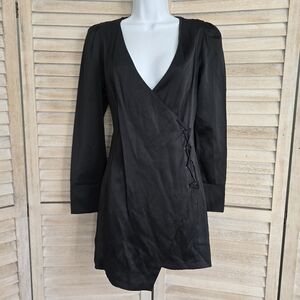 Zara Satin Black Vneck Corset Tie Long Sleeve Mini Dress Size Medium